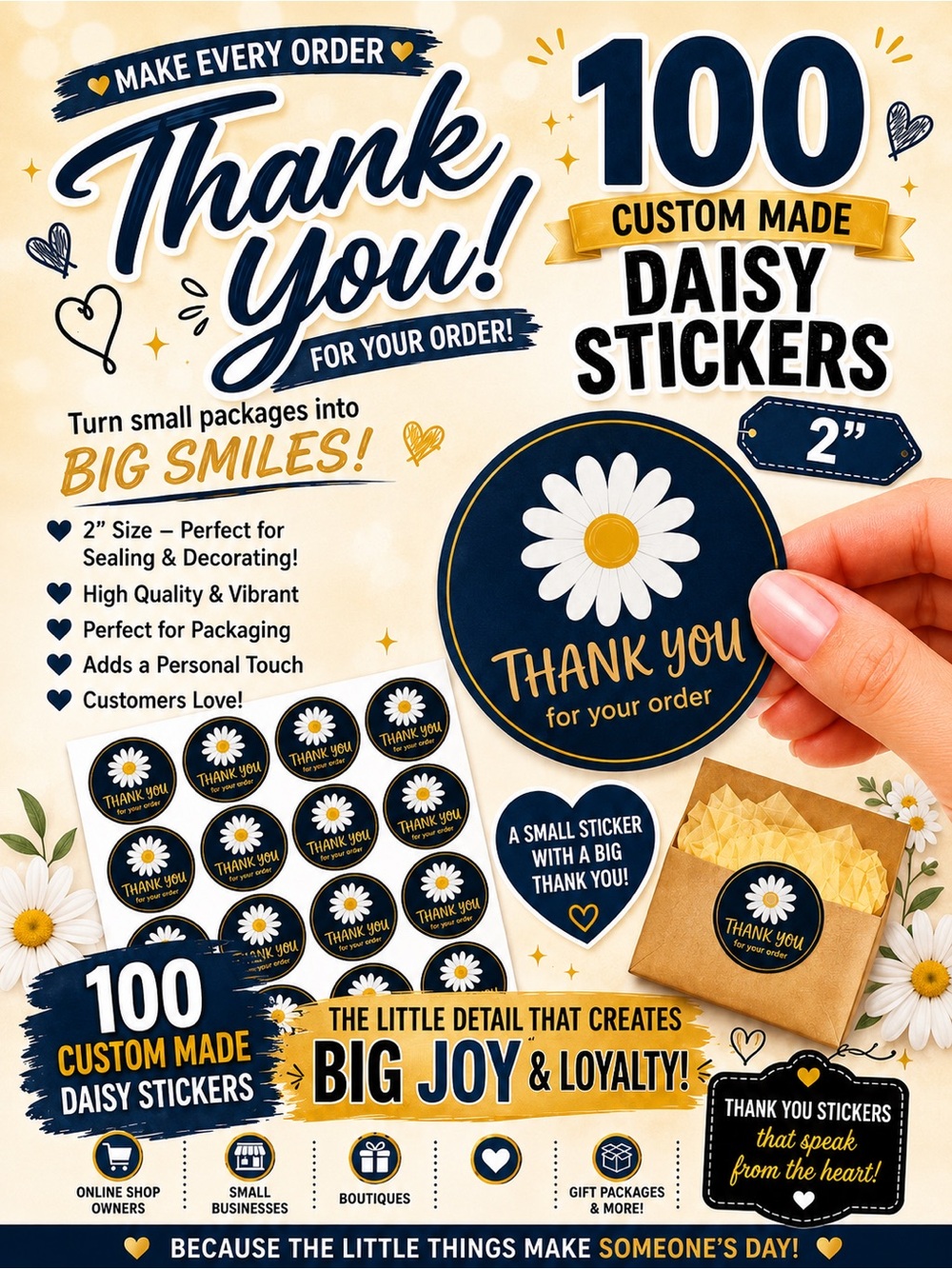 100 2” Custom Made Daisy Thank You Stickers